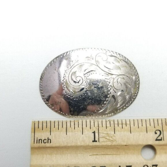 Vintage Sterling Silver Oval Brooch, Scroll Etched Design, Minimal Unisex Estate - Picture 5 of 6